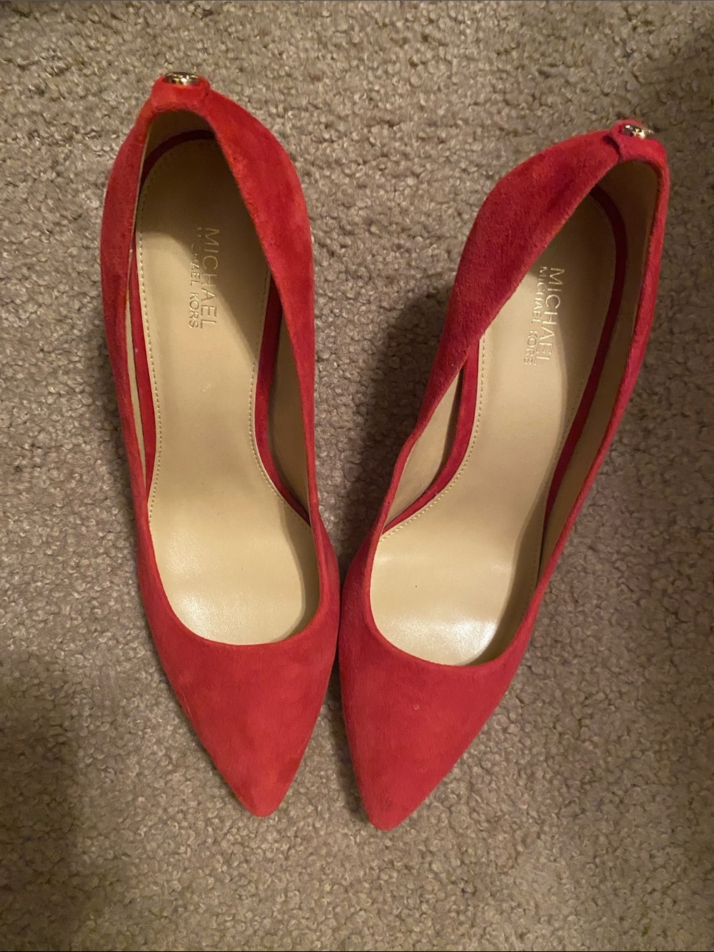 Michael Kors Red Suede Pointed Toe Pumps with Gold Accent